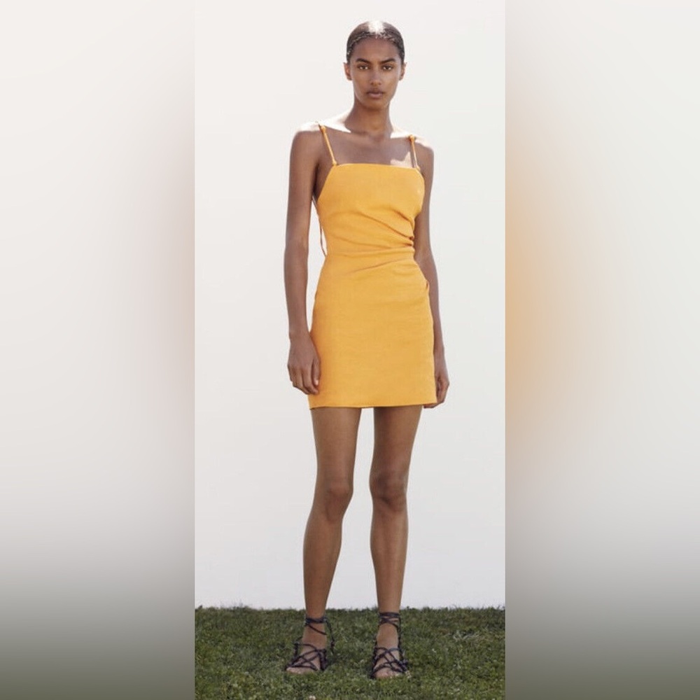 Zara Draped Beaded Straps Linen Dress Tangerine